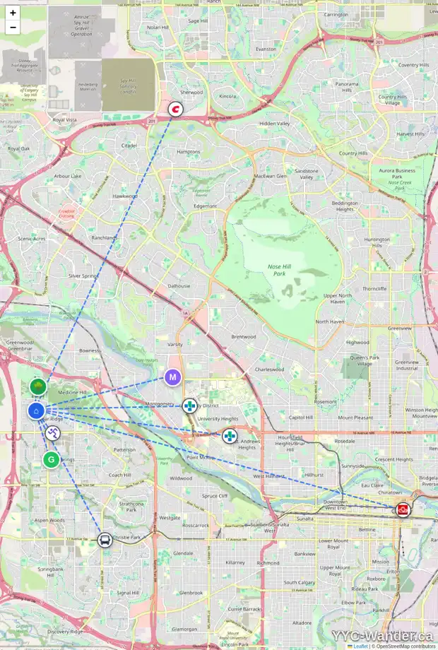 Daily accessibility map for 420 COUGAR RIDGE DR SW, Calgary showing nearby schools, grocery stores, parks, LRT stations and nearby amenities