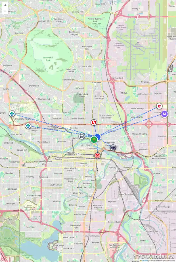 Daily accessibility map for 719 2 ST NE, Calgary showing nearby schools, grocery stores, parks, LRT stations and nearby amenities