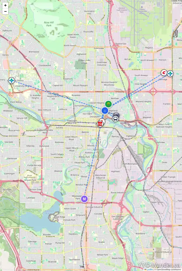 Daily accessibility map for 429 3 AV NE, Calgary showing nearby schools, grocery stores, parks, LRT stations and nearby amenities