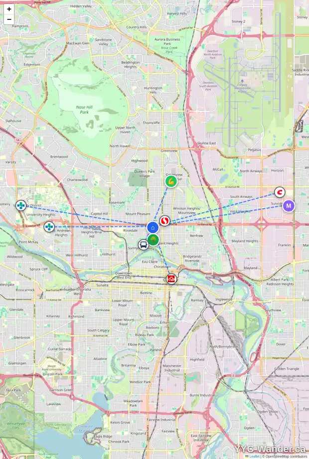 Daily accessibility map for 1609 2A ST NW, Calgary showing nearby schools, grocery stores, parks, LRT stations and nearby amenities