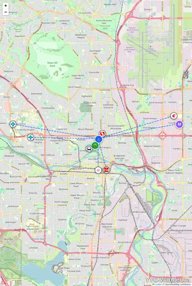 Daily accessibility map for 1421 1 ST NW, Calgary showing nearby schools, grocery stores, parks, LRT stations and nearby amenities