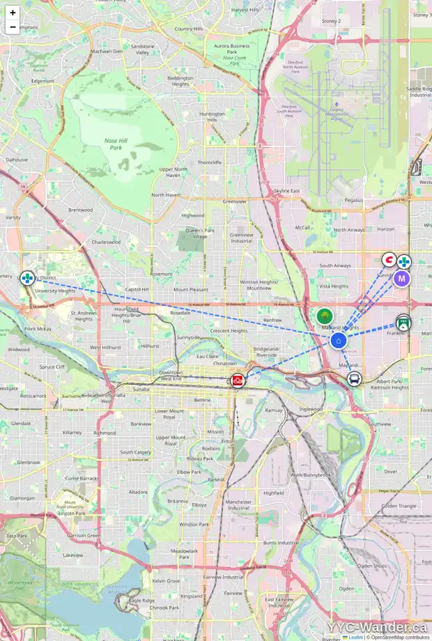 Daily accessibility map for 616 MARKERVILLE RD NE, Calgary showing nearby schools, grocery stores, parks, LRT stations and nearby amenities