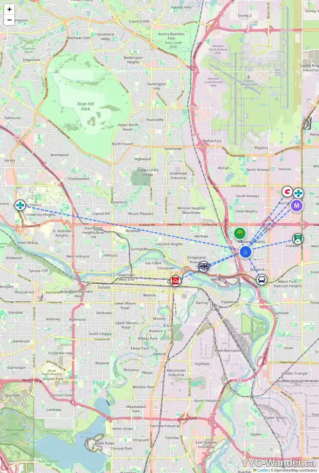 Daily accessibility map for 620 MARIPOSA PL NE, Calgary showing nearby schools, grocery stores, parks, LRT stations and nearby amenities