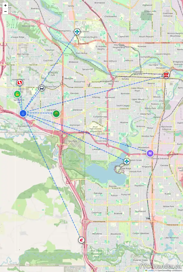 Daily accessibility map for 18 FORTRESS RI SW, Calgary showing nearby schools, grocery stores, parks, LRT stations and nearby amenities
