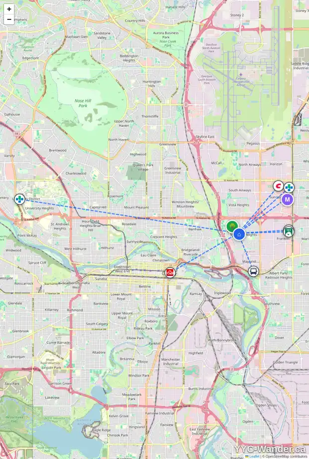 Daily accessibility map for 1015 18A ST NE, Calgary showing nearby schools, grocery stores, parks, LRT stations and nearby amenities