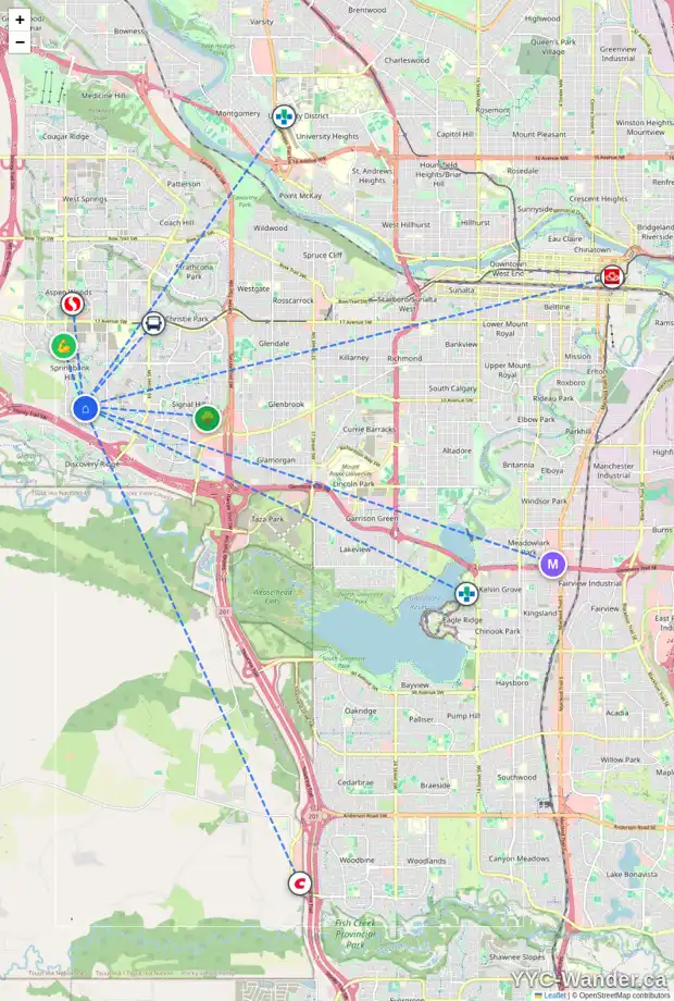Daily accessibility map for 218 FORTRESS MR SW, Calgary showing nearby schools, grocery stores, parks, LRT stations and nearby amenities