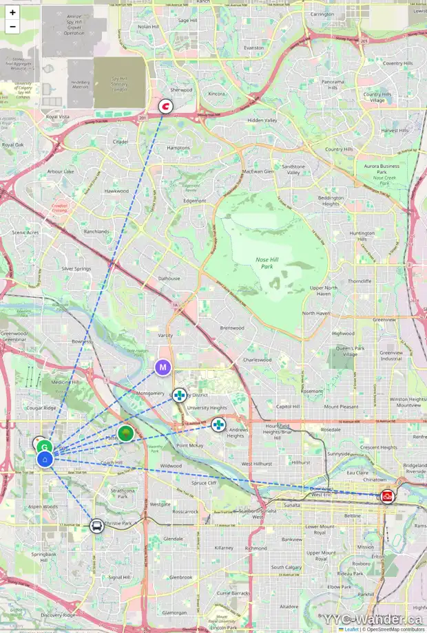 Daily accessibility map for 26 WENTWORTH CV SW, Calgary showing nearby schools, grocery stores, parks, LRT stations and nearby amenities