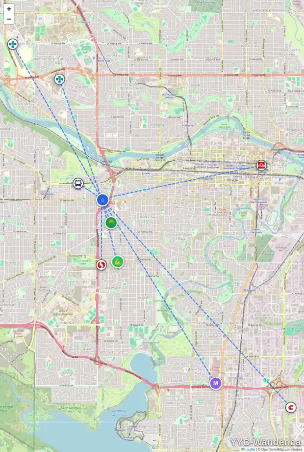 Daily accessibility map for 2416 17 AV SW, Calgary showing nearby schools, grocery stores, parks, LRT stations and nearby amenities