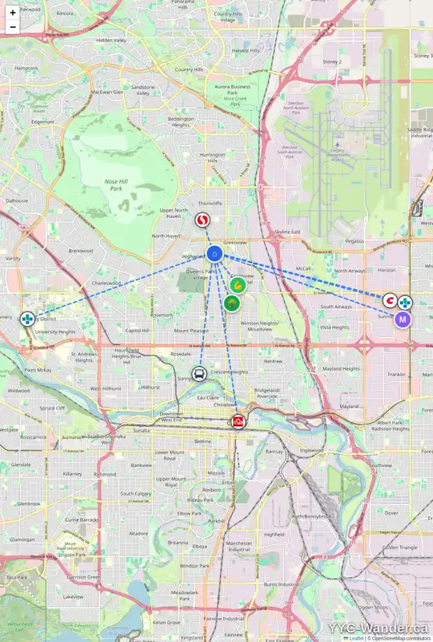 Daily accessibility map for 256 43 AV NW, Calgary showing nearby schools, grocery stores, parks, LRT stations and nearby amenities