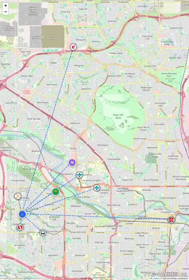 Daily accessibility map for 1634 STRATHCONA DR SW, Calgary showing nearby schools, grocery stores, parks, LRT stations and nearby amenities