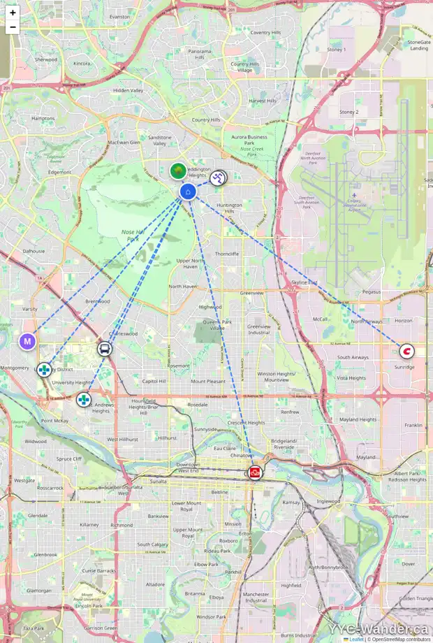 Daily accessibility map for 7835 HUNTERQUAY RD NW, Calgary showing nearby schools, grocery stores, parks, LRT stations and nearby amenities