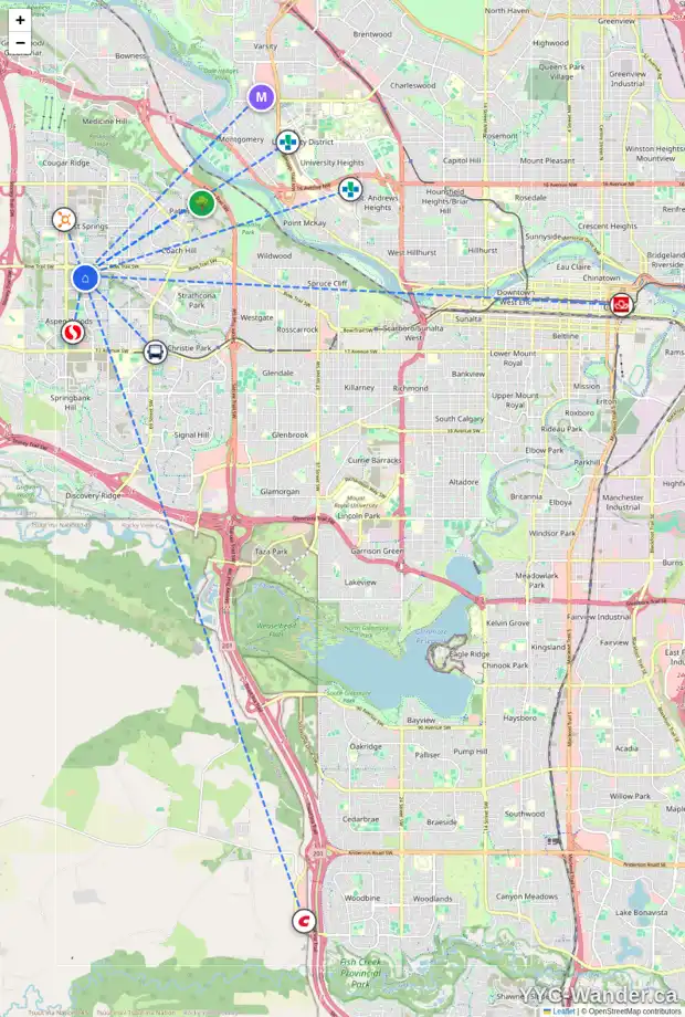 Daily accessibility map for 1585 STRATHCONA DR SW, Calgary showing nearby schools, grocery stores, parks, LRT stations and nearby amenities