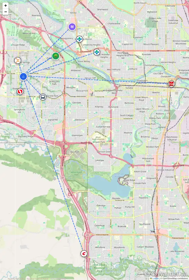 Daily accessibility map for 1589 STRATHCONA DR SW, Calgary showing nearby schools, grocery stores, parks, LRT stations and nearby amenities