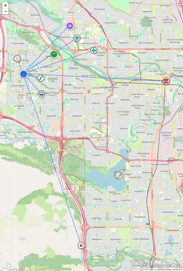 Daily accessibility map for 2 STRATHLEA CR SW, Calgary showing nearby schools, grocery stores, parks, LRT stations and nearby amenities