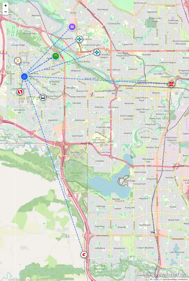 Daily accessibility map for 6 STRATHLEA CR SW, Calgary showing nearby schools, grocery stores, parks, LRT stations and nearby amenities