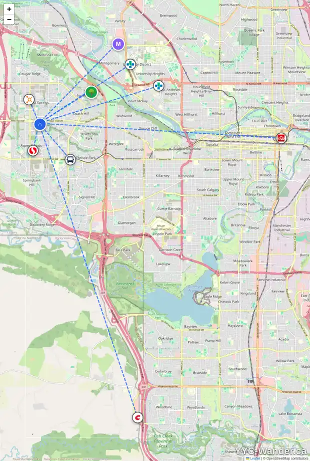 Daily accessibility map for 22 STRATHLEA CR SW, Calgary showing nearby schools, grocery stores, parks, LRT stations and nearby amenities