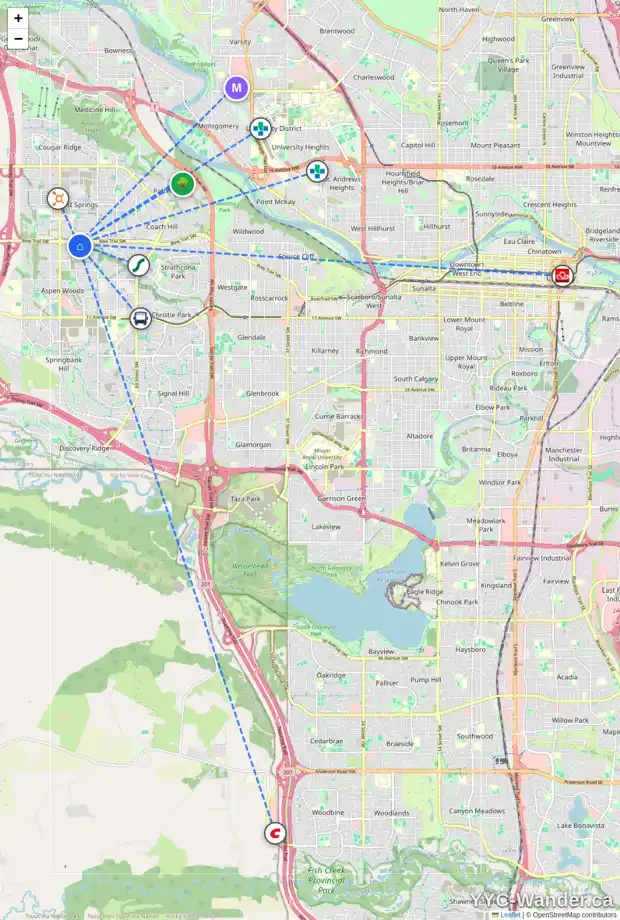 Daily accessibility map for 30 STRATHLEA CR SW, Calgary showing nearby schools, grocery stores, parks, LRT stations and nearby amenities