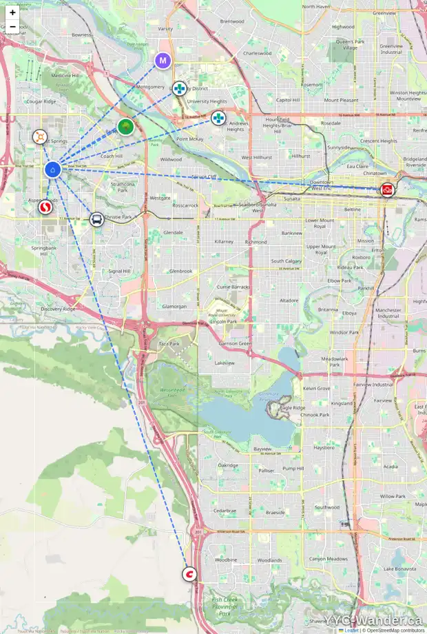 Daily accessibility map for 50 STRATHLEA CR SW, Calgary showing nearby schools, grocery stores, parks, LRT stations and nearby amenities