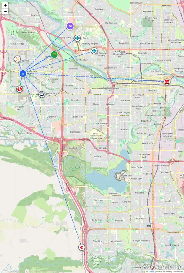 Daily accessibility map for 23 STRATHLEA CR SW, Calgary showing nearby schools, grocery stores, parks, LRT stations and nearby amenities