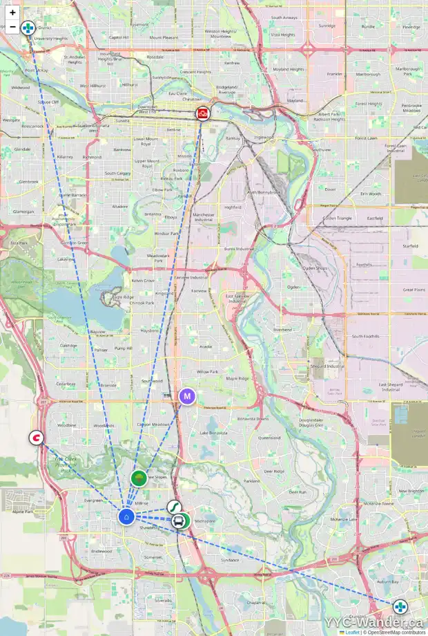 Daily accessibility map for 30 SHANNON SQ SW, Calgary showing nearby schools, grocery stores, parks, LRT stations and nearby amenities