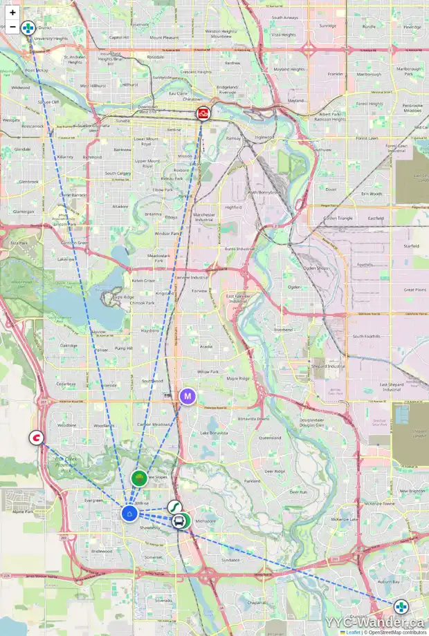 Daily accessibility map for 98 SHANNON SQ SW, Calgary showing nearby schools, grocery stores, parks, LRT stations and nearby amenities