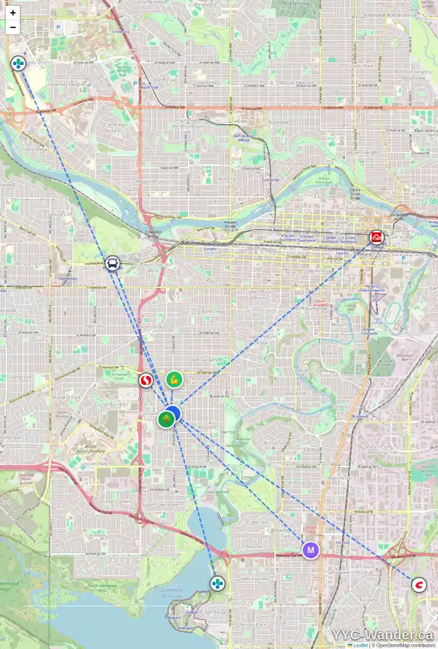 Daily accessibility map for 119 CAMBRAI AV SW, Calgary showing nearby schools, grocery stores, parks, LRT stations and nearby amenities