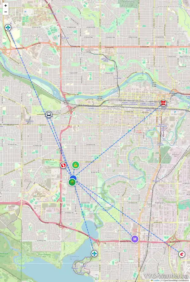 Daily accessibility map for 147 CAMBRAI AV SW, Calgary showing nearby schools, grocery stores, parks, LRT stations and nearby amenities