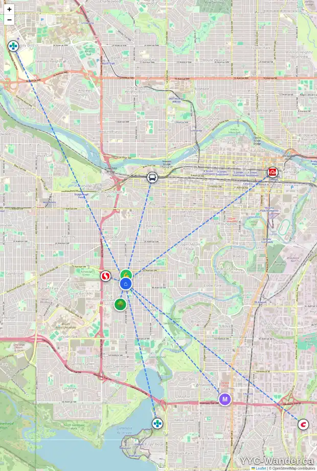 Daily accessibility map for 2 2107 36 AV SW, Calgary showing nearby schools, grocery stores, parks, LRT stations and nearby amenities