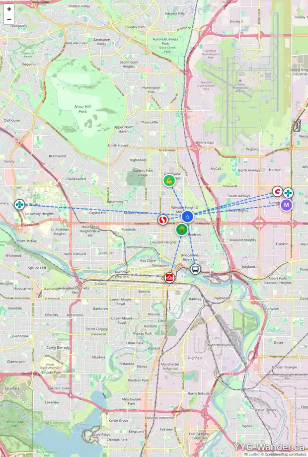 Daily accessibility map for 32 MONTROSE CR NE, Calgary showing nearby schools, grocery stores, parks, LRT stations and nearby amenities