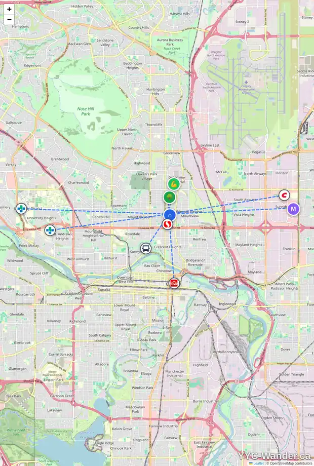 Daily accessibility map for 2295 1 ST NE, Calgary showing nearby schools, grocery stores, parks, LRT stations and nearby amenities