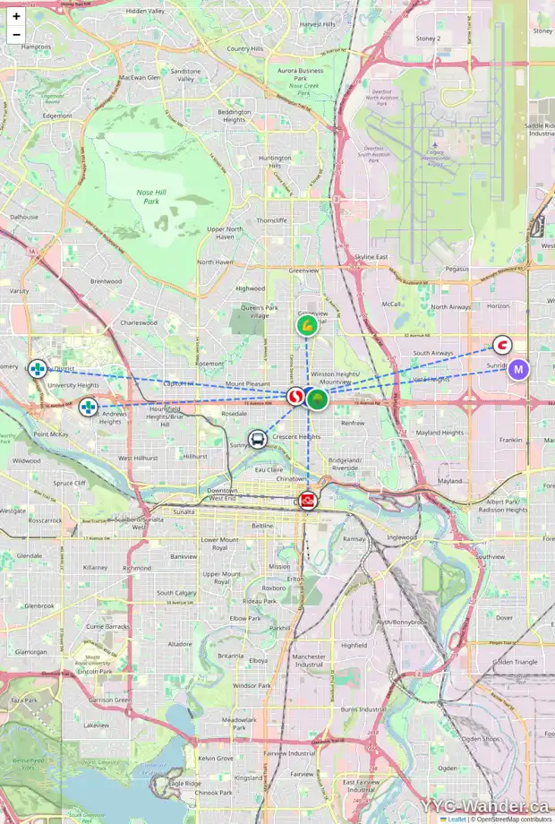 Daily accessibility map for 257 18 AV NE, Calgary showing nearby schools, grocery stores, parks, LRT stations and nearby amenities