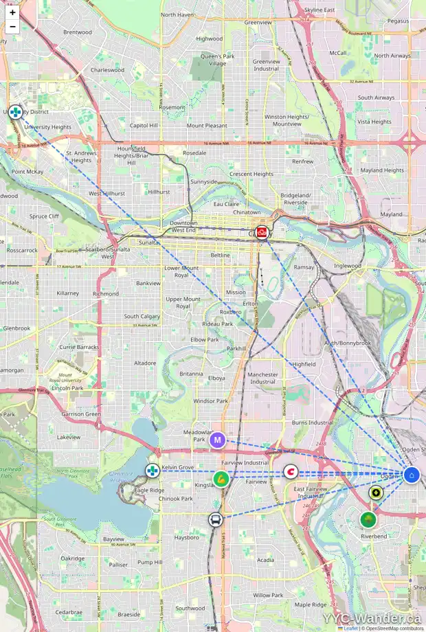Daily accessibility map for 2506 72 AV SE, Calgary showing nearby schools, grocery stores, parks, LRT stations and nearby amenities