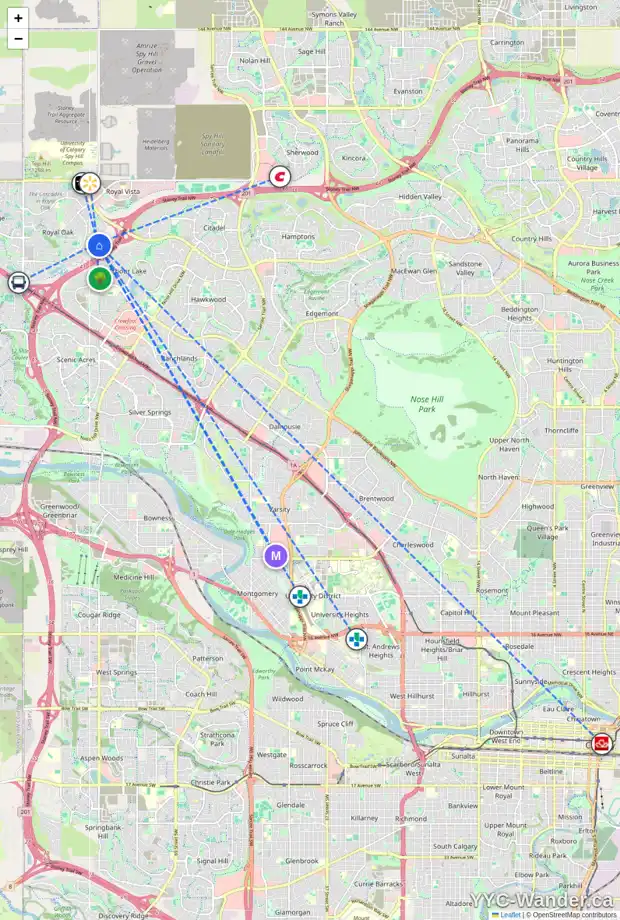 Daily accessibility map for 147 ROYAL BIRCH MR NW, Calgary showing nearby schools, grocery stores, parks, LRT stations and nearby amenities