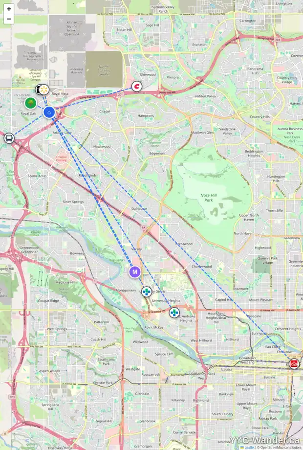 Daily accessibility map for 32 ROYAL BIRCH MR NW, Calgary showing nearby schools, grocery stores, parks, LRT stations and nearby amenities
