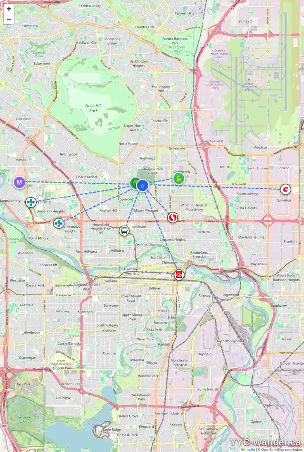 Daily accessibility map for 907 32 AV NW, Calgary showing nearby schools, grocery stores, parks, LRT stations and nearby amenities