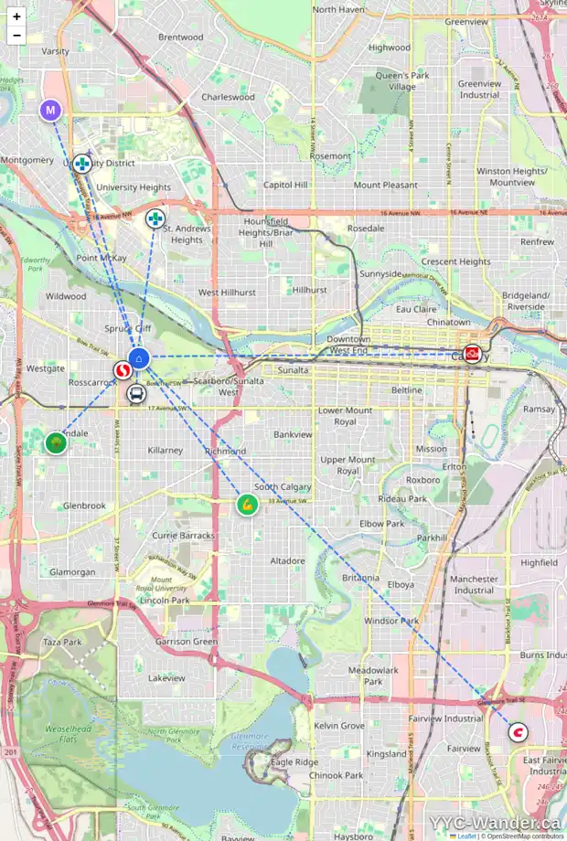 Daily accessibility map for 712 POPLAR RD SW, Calgary showing nearby schools, grocery stores, parks, LRT stations and nearby amenities