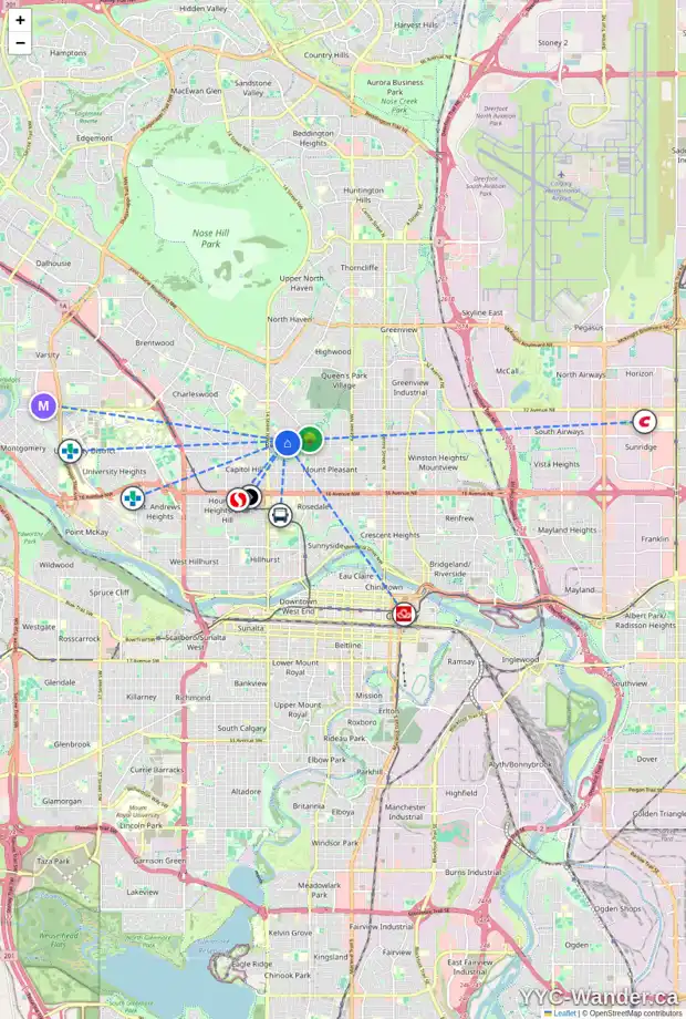 Daily accessibility map for 101 ROSERY DR NW, Calgary showing nearby schools, grocery stores, parks, LRT stations and nearby amenities