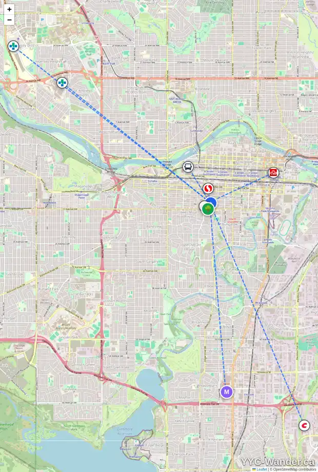 Daily accessibility map for 402 1411 7 ST SW, Calgary showing nearby schools, grocery stores, parks, LRT stations and nearby amenities