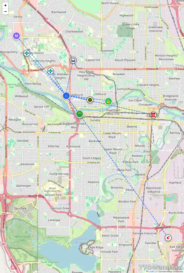 Daily accessibility map for 2609 3 AV NW, Calgary showing nearby schools, grocery stores, parks, LRT stations and nearby amenities