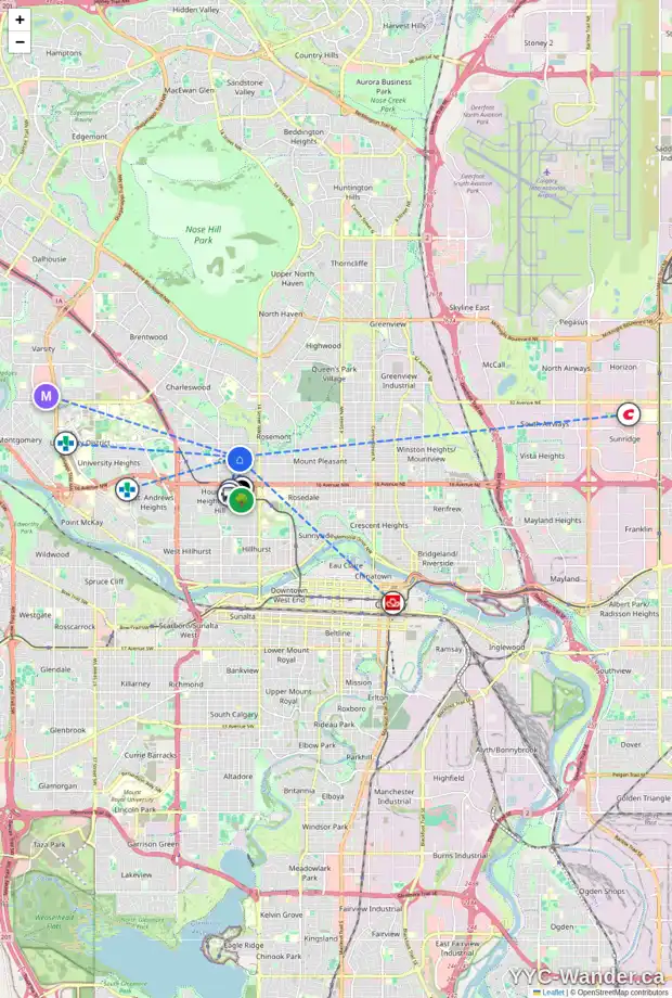 Daily accessibility map for 1720 21 AV NW, Calgary showing nearby schools, grocery stores, parks, LRT stations and nearby amenities