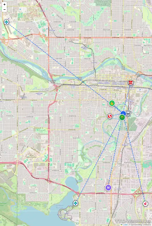 Daily accessibility map for 2407 ERLTON ST SW, Calgary showing nearby schools, grocery stores, parks, LRT stations and nearby amenities
