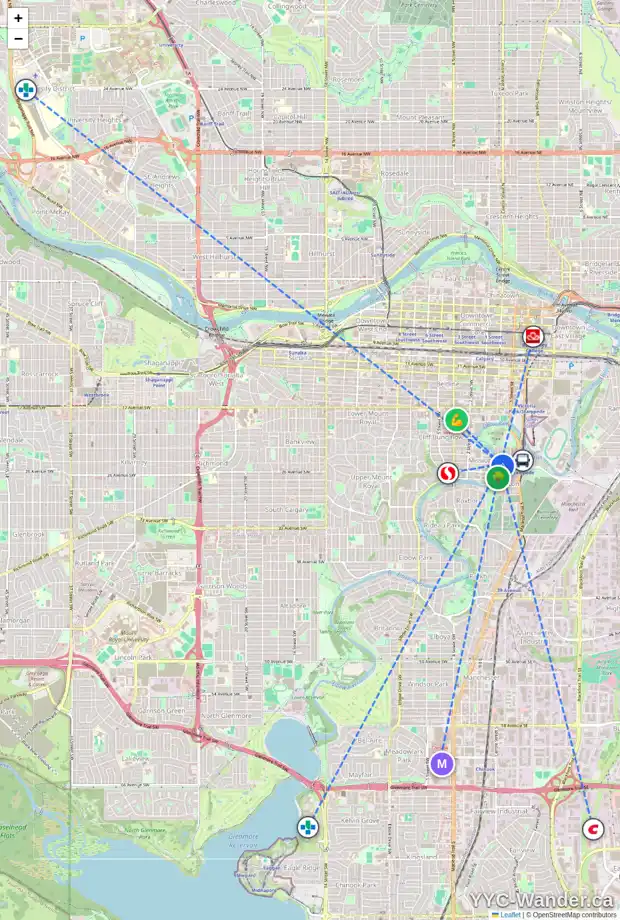 Daily accessibility map for 2419 ERLTON ST SW, Calgary showing nearby schools, grocery stores, parks, LRT stations and nearby amenities