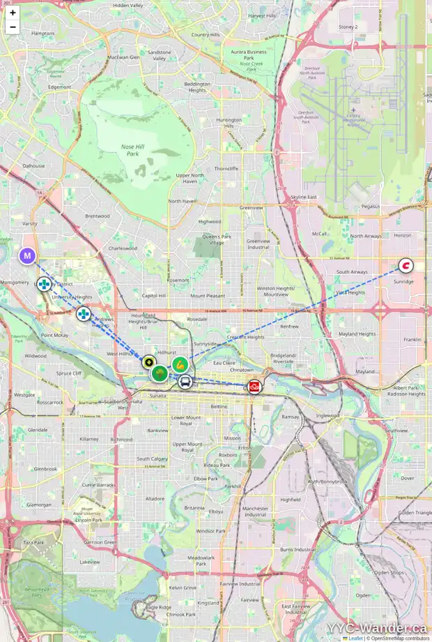 Daily accessibility map for 1731 BROADVIEW RD NW, Calgary showing nearby schools, grocery stores, parks, LRT stations and nearby amenities