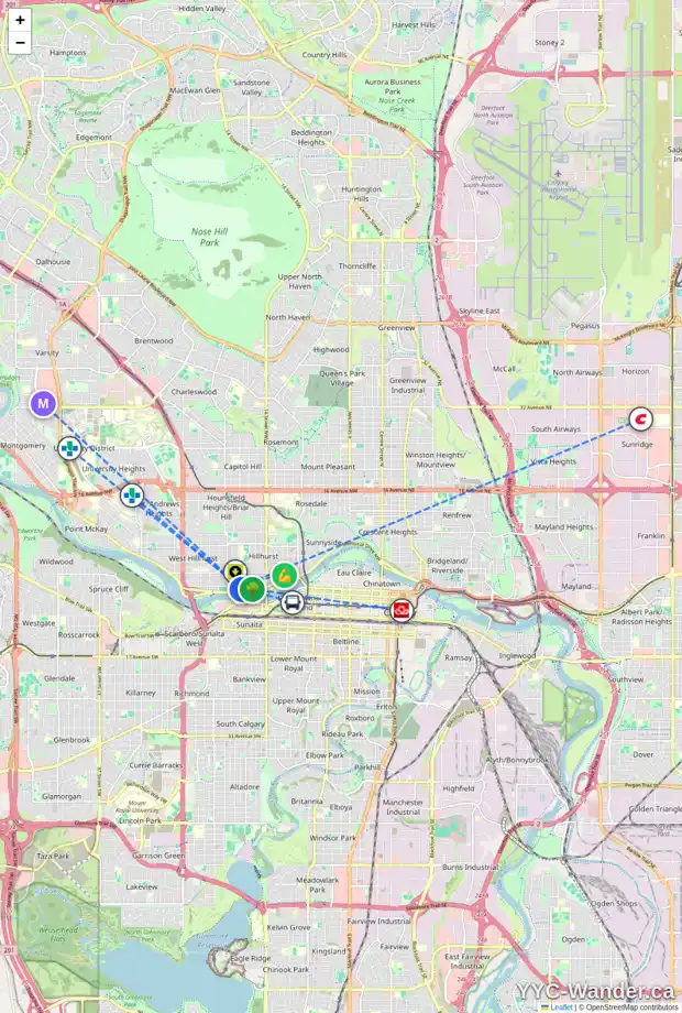 Daily accessibility map for 1823 BROADVIEW RD NW, Calgary showing nearby schools, grocery stores, parks, LRT stations and nearby amenities