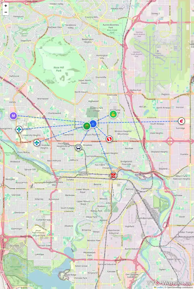 Daily accessibility map for 702 28 AV NW, Calgary showing nearby schools, grocery stores, parks, LRT stations and nearby amenities