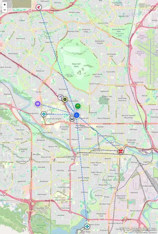 Daily accessibility map for 2420 21 ST NW, Calgary showing nearby schools, grocery stores, parks, LRT stations and nearby amenities