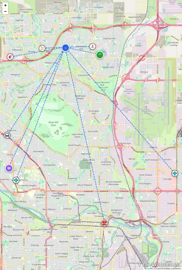 Daily accessibility map for 92 HIDDEN CREEK CI NW, Calgary showing nearby schools, grocery stores, parks, LRT stations and nearby amenities