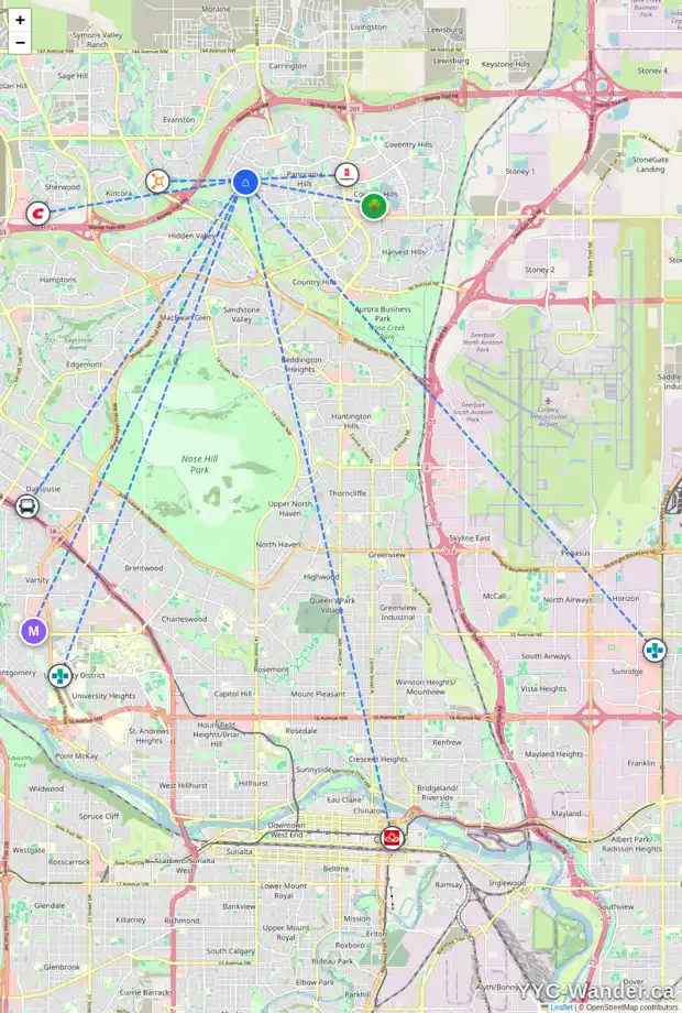 Daily accessibility map for 108 HIDDEN CREEK CI NW, Calgary showing nearby schools, grocery stores, parks, LRT stations and nearby amenities