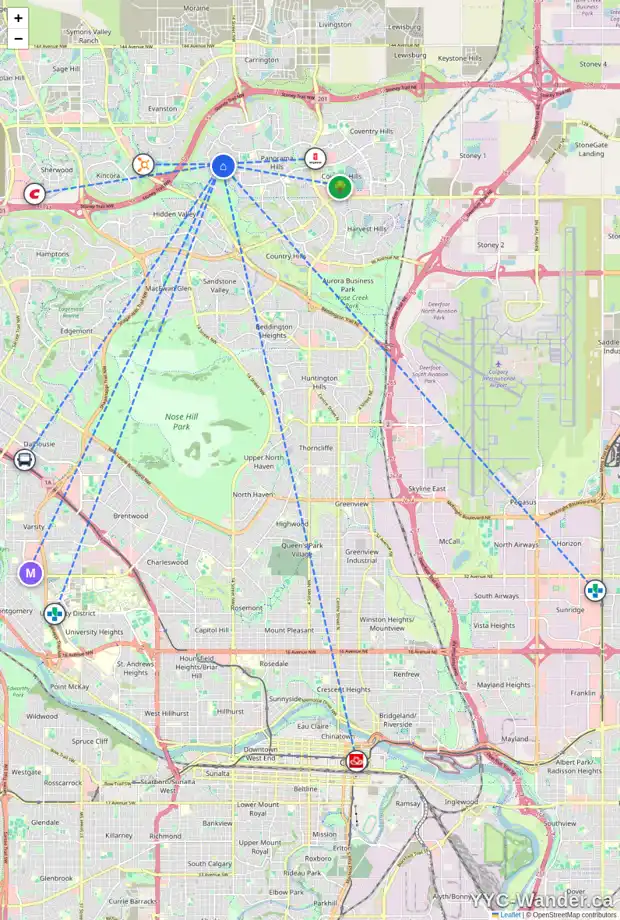 Daily accessibility map for 112 HIDDEN CREEK CI NW, Calgary showing nearby schools, grocery stores, parks, LRT stations and nearby amenities