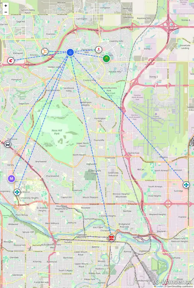 Daily accessibility map for 124 HIDDEN CREEK CI NW, Calgary showing nearby schools, grocery stores, parks, LRT stations and nearby amenities